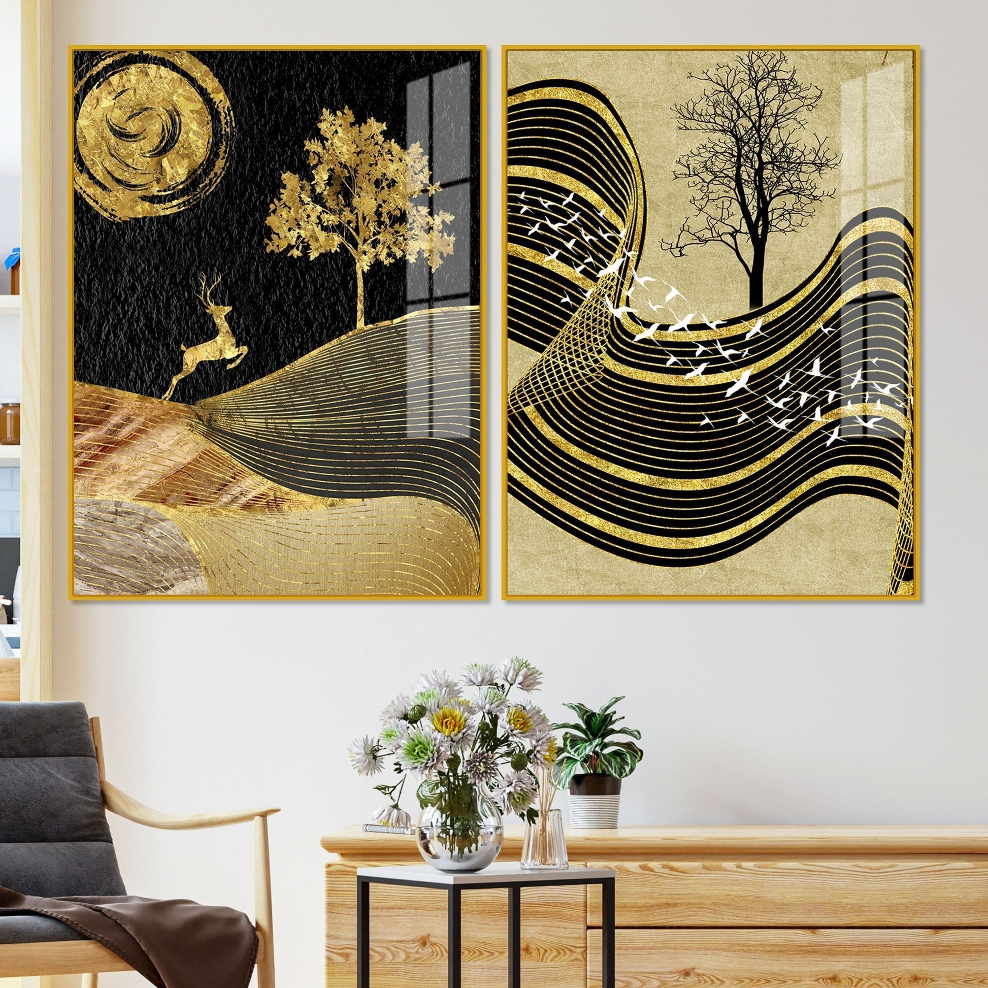 Wavy Golden Lines Mountains Premium Acrylic Floating Wall Painting Set of 2