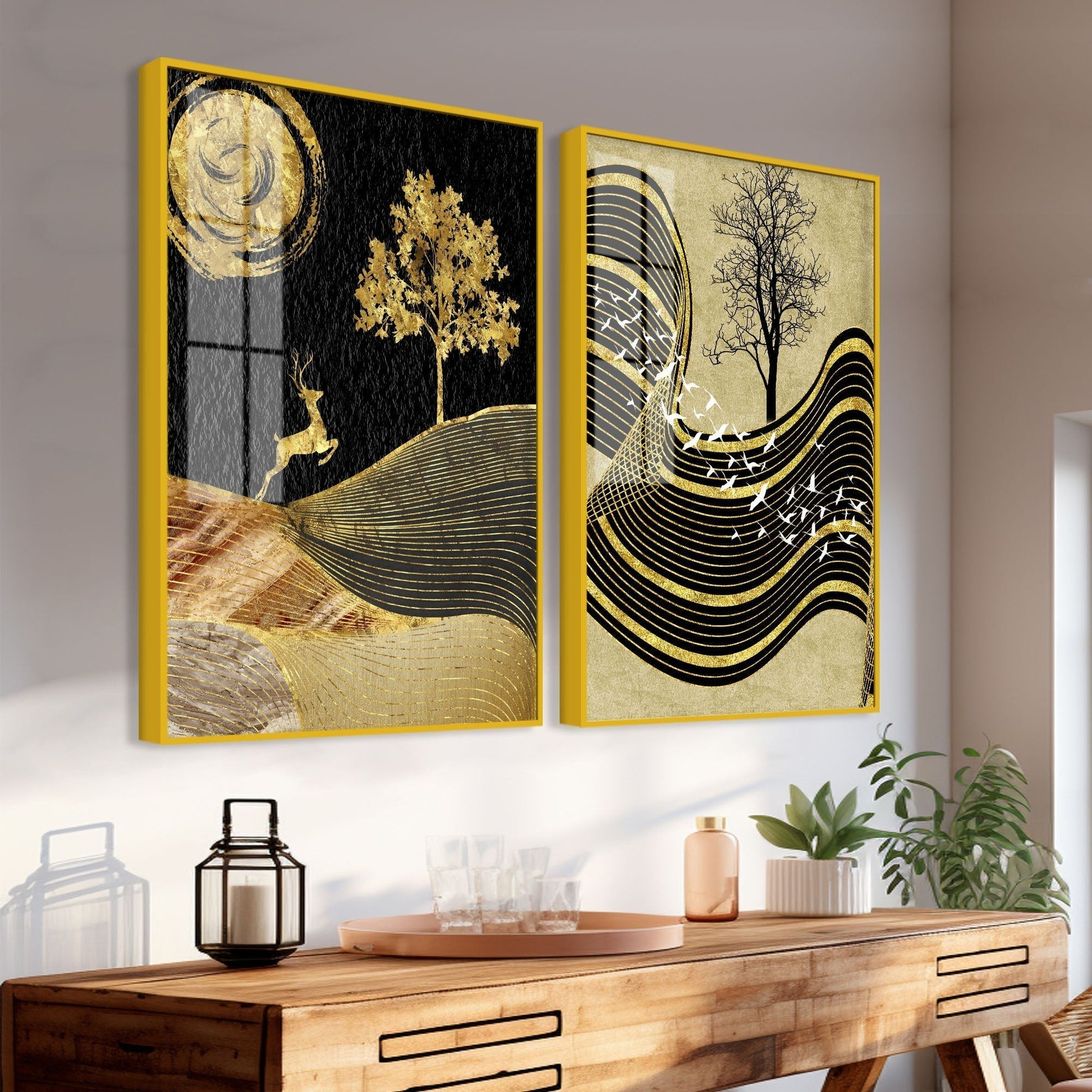 Wavy Golden Lines Mountains Premium Acrylic Floating Wall Painting Set of 2