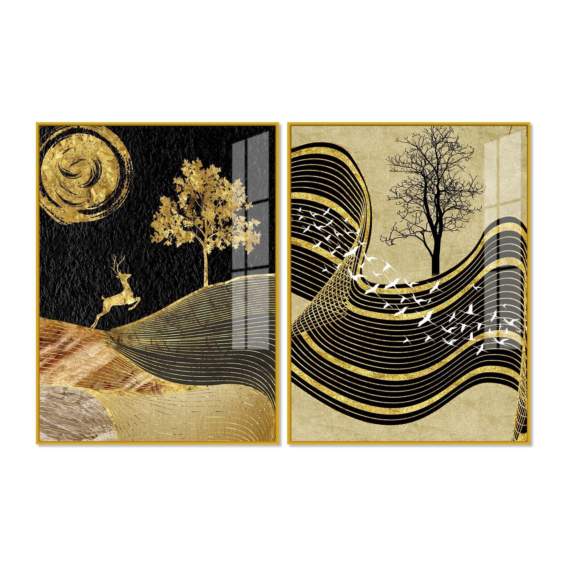 Wavy Golden Lines Mountains Premium Acrylic Floating Wall Painting Set of 2