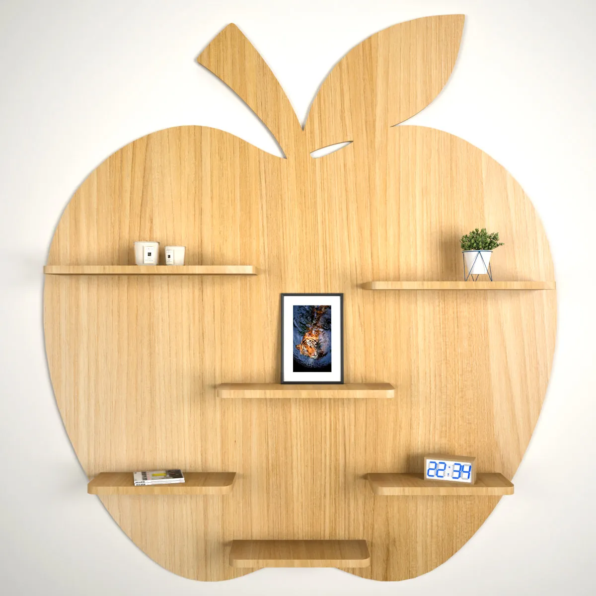 Apple Shape Backlit Wood Wall Shelf / Book Shelf / Night Light, Light Oak Finish