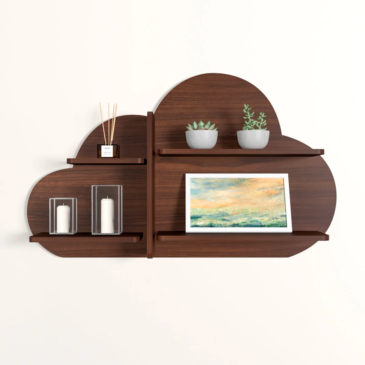 Cloud Shape Backlit Wood Wall Shelf / Book Shelf / Night Light, Walnut Finish